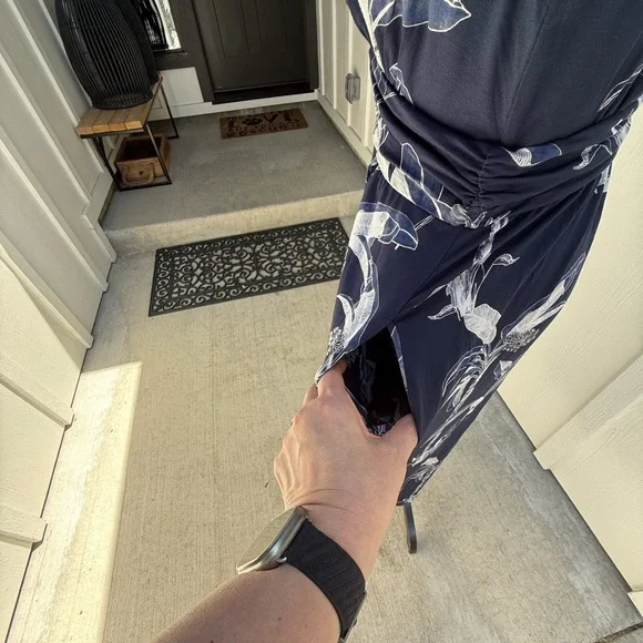 Soma Serenity Maxi Dress Navy Floral Print L Built-in Bra Cool Touch Pockets - Picture 13 of 15